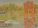 Miron Makanec, Red Cottage, watercolor on paper