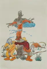 Mijo Kovačić, Crucifixion and Lust, watercolored serigraphy on paper