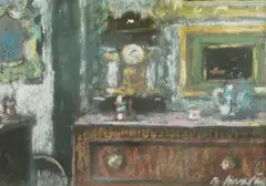 Branko Kovačević, Interior with Clock, tempera and gouache on paper