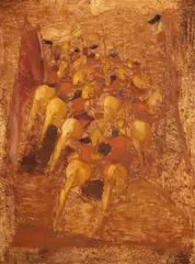 Cavaleri by Magdalena Rădulescu, ulei pe lemn, offered Sep 2025