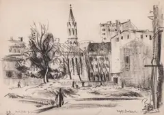 Dragoș Morărescu, Vedere spre strada Pictor Grigorescu, 1978, cărbune pe hârtie