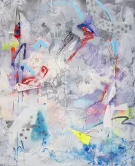 Raluca Anghel, Airplanes, 2023, spray, colaj, marker, acrilic pe pânză