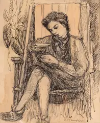 Vasile Blendea, Lectură (Emilia Blendea), 1942, peniță și laviu pe hârtie