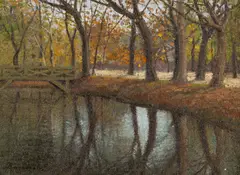 Pe malul lacului by Ludovic Bassarab, ulei pe carton, sold Sep 2025