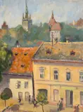 Vedere din Sighișoara by Ana Asvadurova Ciucurencu, 1954, ulei pe carton, sold Sep 2025