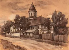 Dan Ialomiţeanu, Case la Câmpulung, 1947, cărbune sepia și guasă pe hârtie