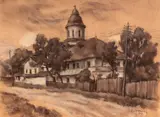 Dan Ialomiţeanu, Case la Câmpulung, 1947, cărbune sepia și guasă pe hârtie