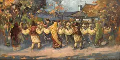 Hora de duminică by Pan Ioanid, ulei pe carton, sold Sep 2025