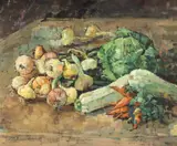 Freda Trybalski Delnevo, Legume din grădină, 1937, ulei pe carton