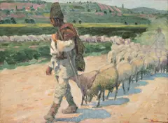 Ciobănaș cu turmă de oi by Gore Mircescu, ulei pe carton, sold Sep 2025