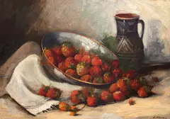 Constantin Păun, Natură statică cu ștergar și căpșuni, ulei pe carton
