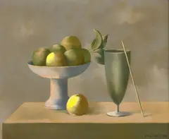 Natură statică cu mere și pocal by Vasile Chinschi, 1989, ulei pe pânză, sold Sep 2025