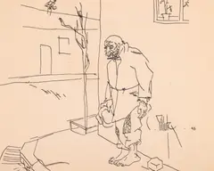 La colț de stradă by Constantin Piliuță, 1993, tuș pe hârtie, sold Sep 2025