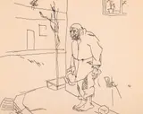 Constantin Piliuță, La colț de stradă, 1993, tuș pe hârtie