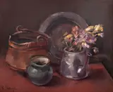 Radu Darânga, Natură statică cu vase și toporași, 1989, ulei pe pânză lipită pe carton