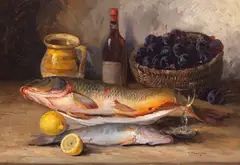 Pregătiri de masă by Elena Müller-Stăncescu, ulei pe carton, sold Sep 2025
