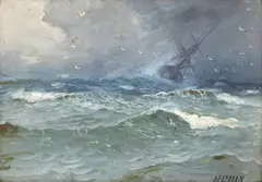 Corabie pe mare agitată by Dimitrie Florian, ulei pe carton, sold Sep 2025
