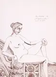 Ana Ruxandra Ilfoveanu, Nud pe covorul cu motive, 1994, peniță și tuș sepia pe hârtie