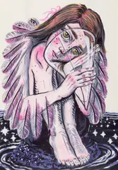 Maria Bălan, Înger II, 2024, tuș, marker și acuarelă pe hârtie