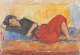 Ion Musceleanu, Odaliscă cu șalvari roșii, 1985, ulei pe pânză lipită pe carton