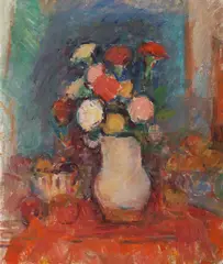 Vas cu garoafe by Ion Musceleanu, ulei pe pânză lipită pe carton, sold Jul 2025