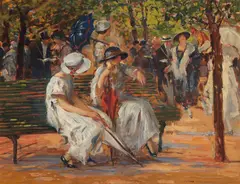 Duminică în parc by Emilian Lăzărescu, ulei pe carton, sold Jul 2025