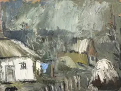 Căsuțe la Botoșani by Constantin Piliuță, anii '60, ulei pe carton, sold Jul 2025