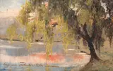 Pe malul lacului by Eugenia Filotti Atanasiu, ulei pe carton, sold Jul 2025