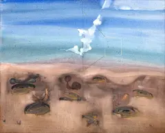 O ecuație a timpului by Paul Fux, 1974, ulei și creion lipit pe carton, sold Jul 2025