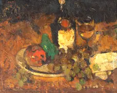 Natură statică cu fructe și vin by Francisc Gall, 1946, ulei pe carton, sold Jul 2025