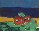 Ion Mirea, Căsuțe la malul mării, cca. 1980, ulei pe carton