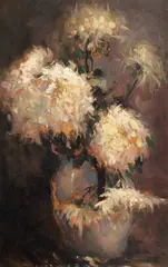 Crizanteme albe by Aurel Băeșu, 1919, ulei pe carton, sold Jul 2025