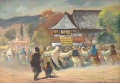 Hora de duminică by Pan Ioanid, ulei pe carton, sold Jul 2025