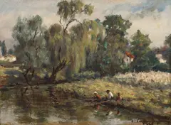 Ioan Papazoglu, La pescuit, 1958, ulei pe pânză lipită pe carton