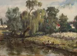 Ioan Papazoglu, La pescuit, 1958, ulei pe pânză lipită pe carton