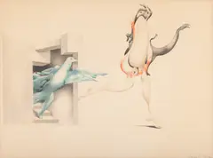 Paradoxul lui Zenon by Jules Perahim, 1971, creioane colorate și creion pe hârtie, sold Jul 2025