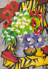 Scaun cu maci și margarete by Mihai Gheorghe, 2005, ulei pe pânză, sold Jul 2025