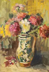 Canceu cu crizanteme by Pia Căpşuneanu Massaci, ulei pe pânză lipită pe carton, sold Jul 2025