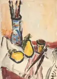 Iulia Halaucescu, Natură statică de atelier, acuarelă pe hârtie lipită pe carton