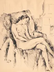 Dan Ialomiţeanu, Nud pe fotoliu, 1937, tuș pe hârtie