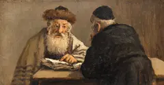 Evrei ("Așadar, asta ai avea de făcut...") by Ludovic Bassarab, 1915-1920, ulei pe carton, sold Jun 2025