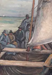 Călători by Marius Bunescu, a doua jumătate a anilor '30, ulei pe carton, sold Jun 2025