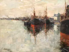 Vase în portul Constanța by George Catargi, 1921, ulei pe carton, sold Jun 2025