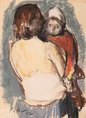 Maternitate by Corneliu Baba, 1962, guașă și ceracolor pe hârtie, sold Jun 2025