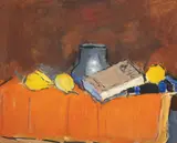 Natură statică cu fructe și cărți by Alexandru Ciucurencu, 1946, ulei pe carton, sold Jun 2025