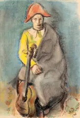 Iosif Iser, Arlechin cu chitară, 1946, pastel pe hârtie lipită pe carton