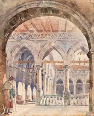 Interior oriental by Costin Petrescu, acuarelă și tuș pe hârtie, sold Jun 2025