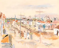 Lucian Grigorescu, Case pe malul Nistrului, 1941, guașă și tempera pe hârtie lipită pe carton