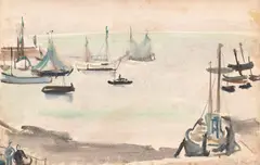 Max W. Arnold, Port în Normandia, 1938-1939, acuarelă pe hârtie lipită pe carton