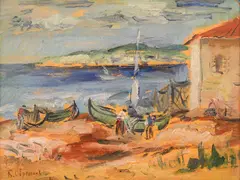 Bencho Obreshkov, The Fishermen in Balchik, the late 1940s, Oil paints on cardboard